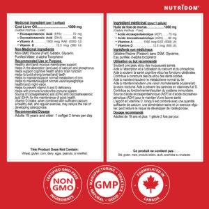 Nutridom Atlantic Cod Liver Oil with EPA, DHA, Vitamins A & D 1,000mg 120softgels - Image 2